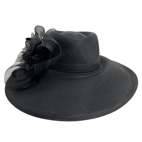 FINE MILLINERY Black Wide Brim Church Derby Hat With Floral Accent + Mesh Bow - Picture 2 of 7
